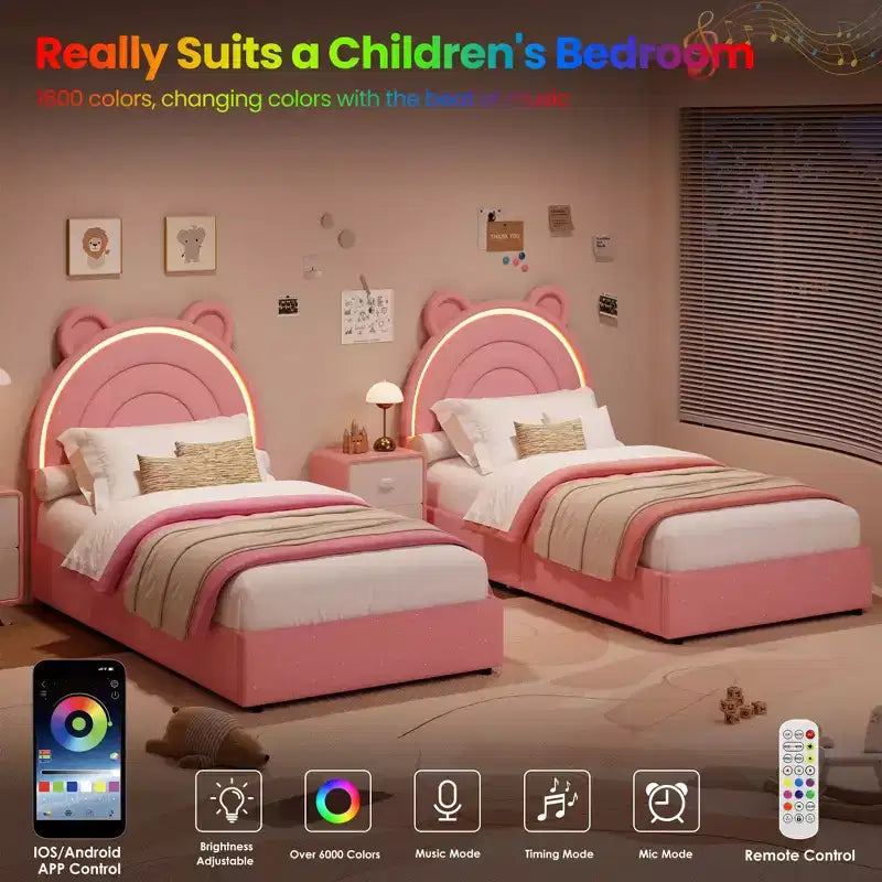 Cadre de lit double avec 2 tiroirs de rangement, lit plateforme rembourré en velours avec tête de lit arc-en-ciel pour enfants/filles