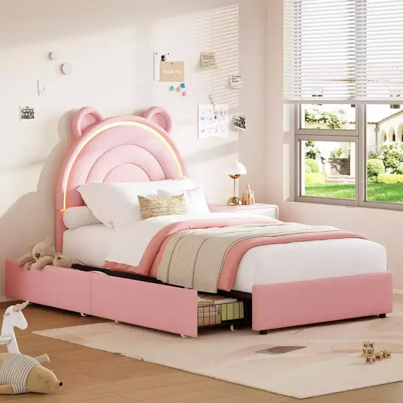 Cadre de lit double avec 2 tiroirs de rangement, lit plateforme rembourré en velours avec tête de lit arc-en-ciel pour enfants/filles