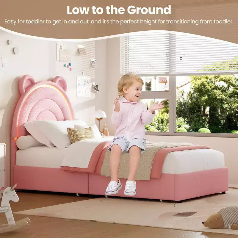 Cadre de lit double avec 2 tiroirs de rangement, lit plateforme rembourré en velours avec tête de lit arc-en-ciel pour enfants/filles