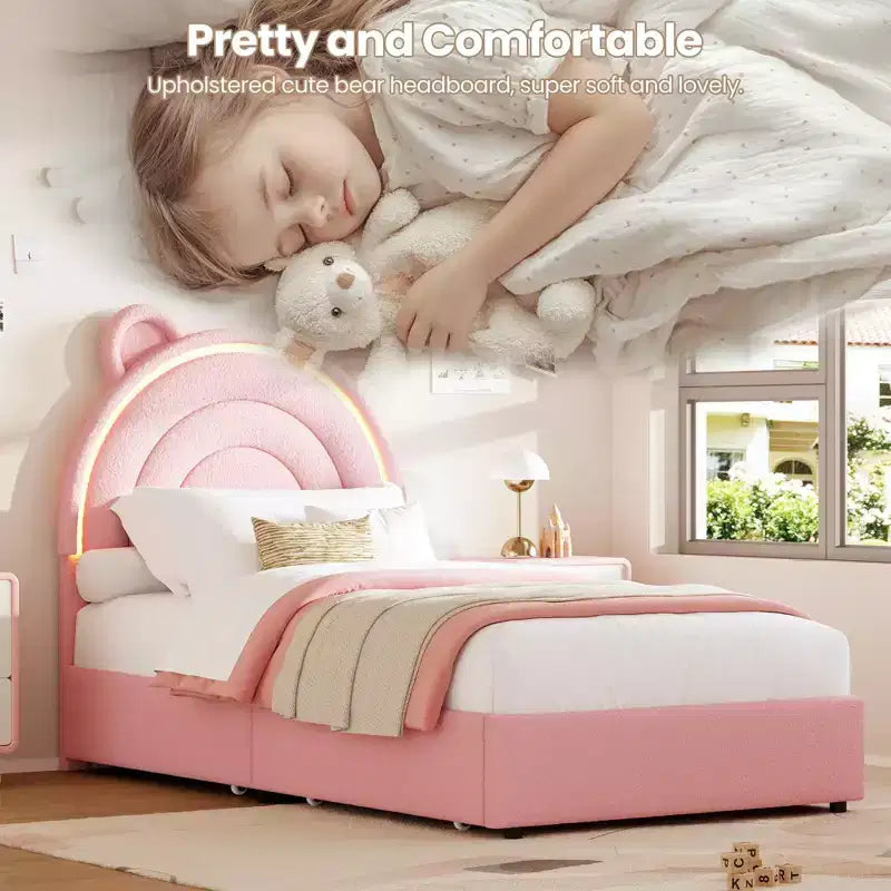 Cadre de lit double avec 2 tiroirs de rangement, lit plateforme rembourré en velours avec tête de lit arc-en-ciel pour enfants/filles