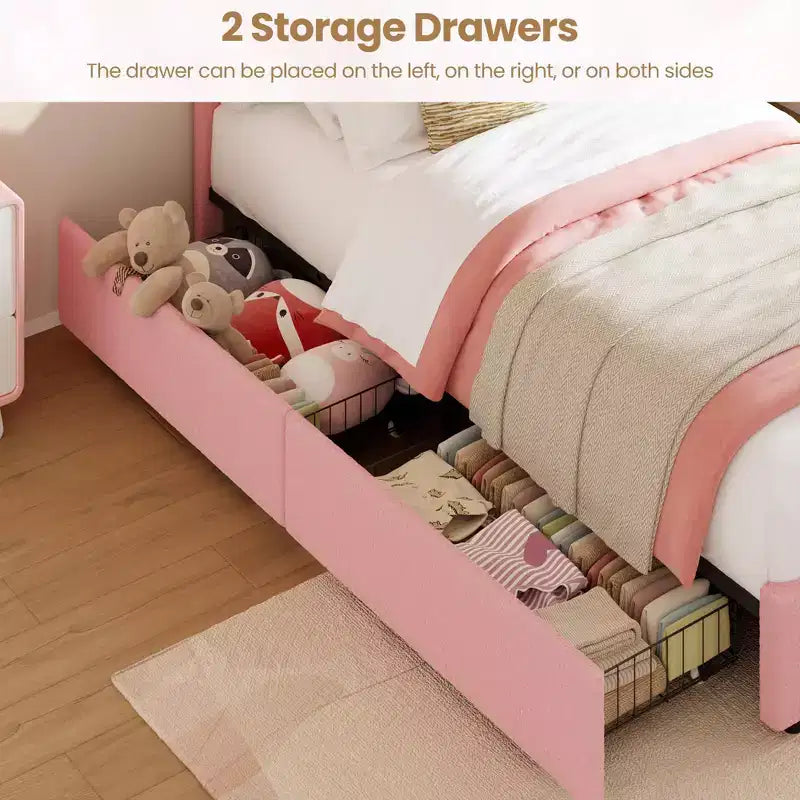 Cadre de lit double avec 2 tiroirs de rangement, lit plateforme rembourré en velours avec tête de lit arc-en-ciel pour enfants/filles