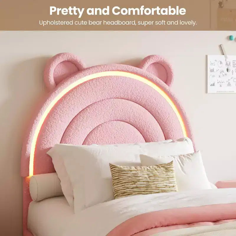 Cadre de lit double avec 2 tiroirs de rangement, lit plateforme rembourré en velours avec tête de lit arc-en-ciel pour enfants/filles