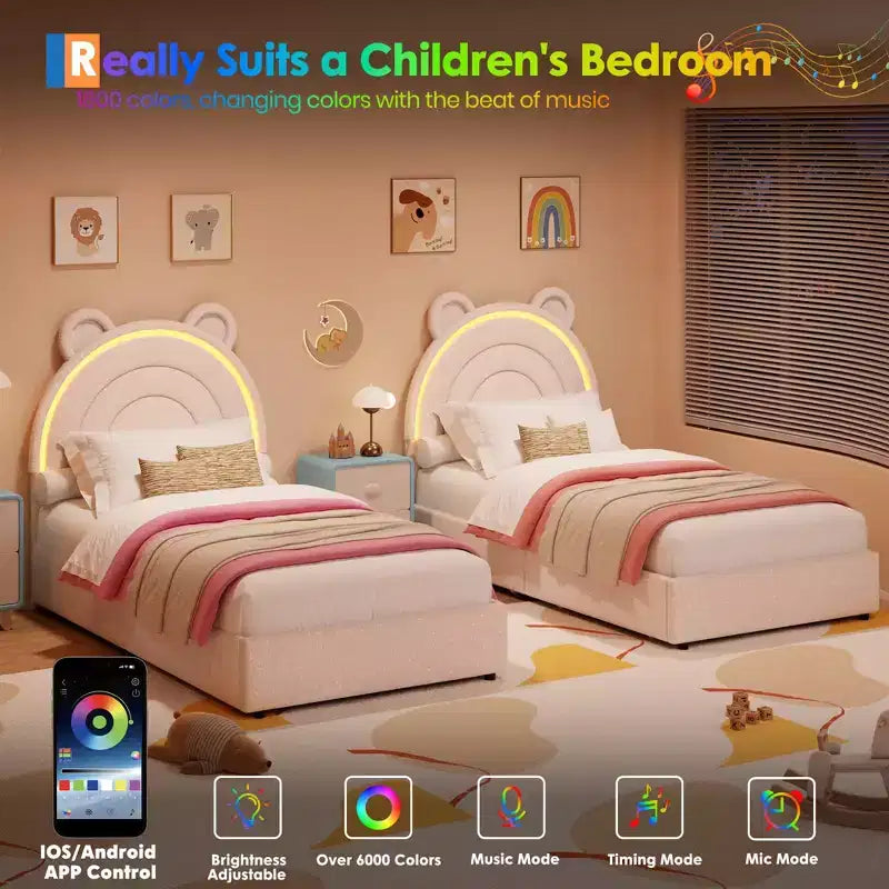 Cadre de lit double avec 2 tiroirs de rangement, lit plateforme rembourré en velours avec tête de lit arc-en-ciel pour enfants/filles