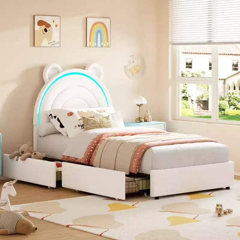 Cadre de lit double avec 2 tiroirs de rangement, lit plateforme rembourré en velours avec tête de lit arc-en-ciel pour enfants/filles