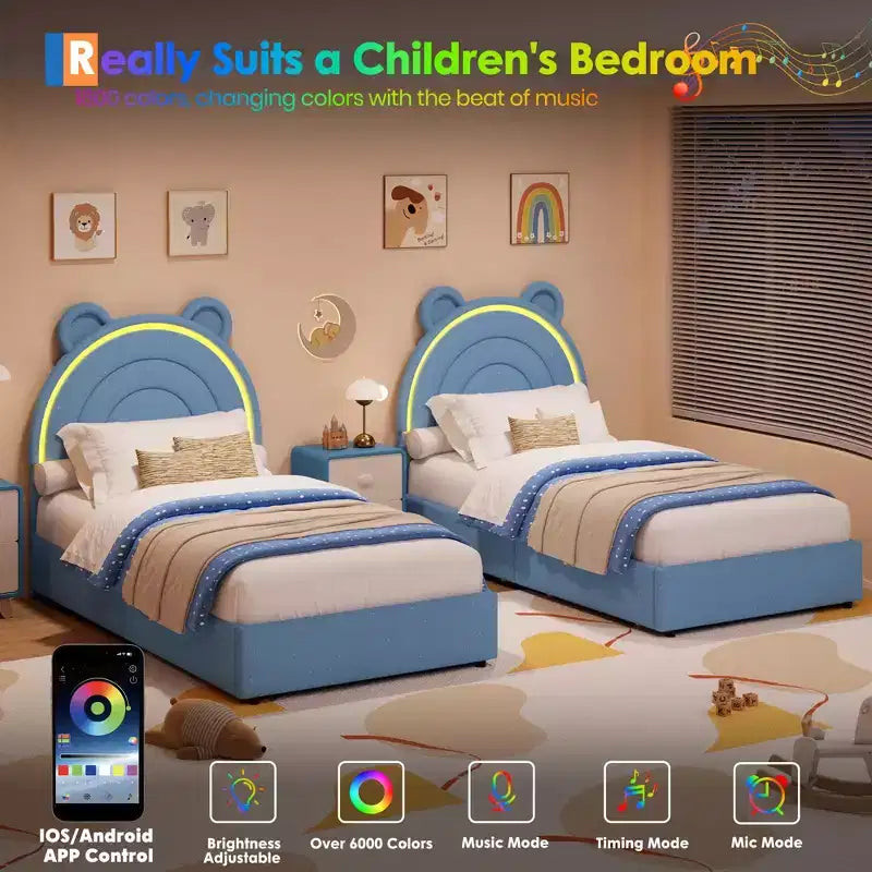 Cadre de lit double avec 2 tiroirs de rangement, lit plateforme rembourré en velours avec tête de lit arc-en-ciel pour enfants/filles