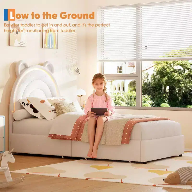 Cadre de lit double avec 2 tiroirs de rangement, lit plateforme rembourré en velours avec tête de lit arc-en-ciel pour enfants/filles