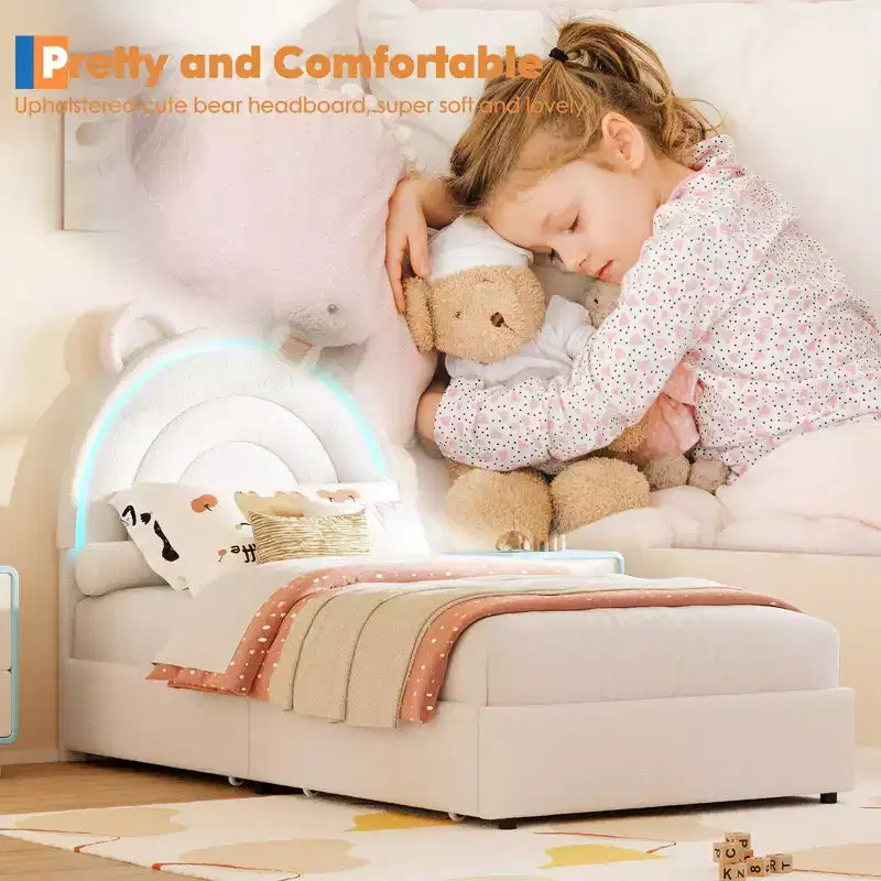 Cadre de lit double avec 2 tiroirs de rangement, lit plateforme rembourré en velours avec tête de lit arc-en-ciel pour enfants/filles