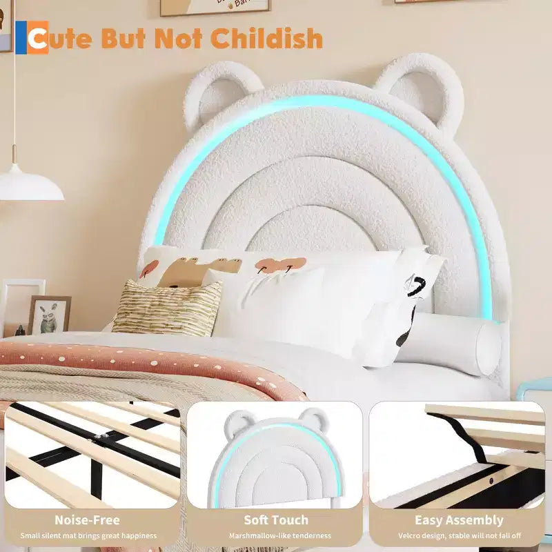 Cadre de lit double avec 2 tiroirs de rangement, lit plateforme rembourré en velours avec tête de lit arc-en-ciel pour enfants/filles