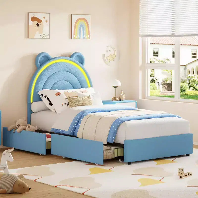 Cadre de lit double avec 2 tiroirs de rangement, lit plateforme rembourré en velours avec tête de lit arc-en-ciel pour enfants/filles