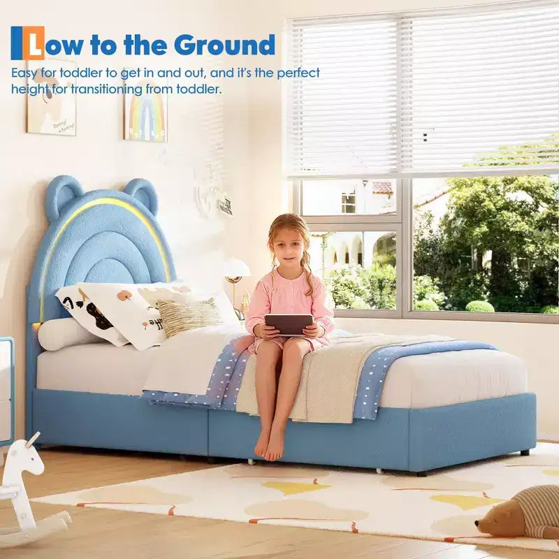 Cadre de lit double avec 2 tiroirs de rangement, lit plateforme rembourré en velours avec tête de lit arc-en-ciel pour enfants/filles