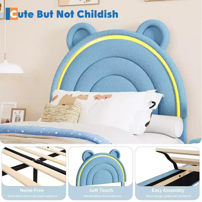 Cadre de lit double avec 2 tiroirs de rangement, lit plateforme rembourré en velours avec tête de lit arc-en-ciel pour enfants/filles