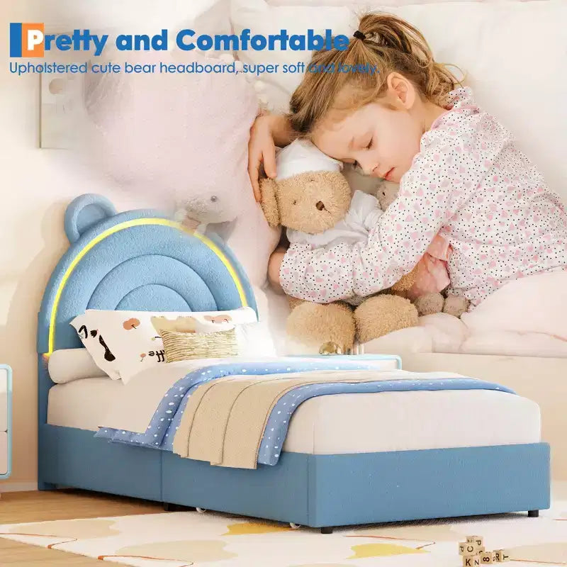 Cadre de lit double avec 2 tiroirs de rangement, lit plateforme rembourré en velours avec tête de lit arc-en-ciel pour enfants/filles