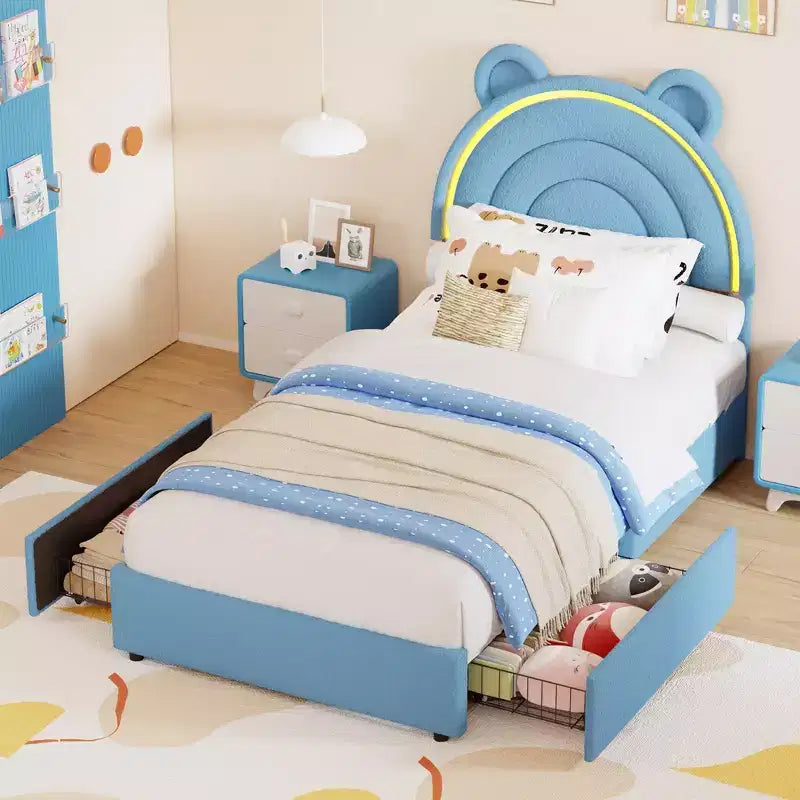Twin Size Bed Frame with 2 Storage Drawers, Velvet Upholstered Platform Bed with Rainbow Headboard for Kids/Girls