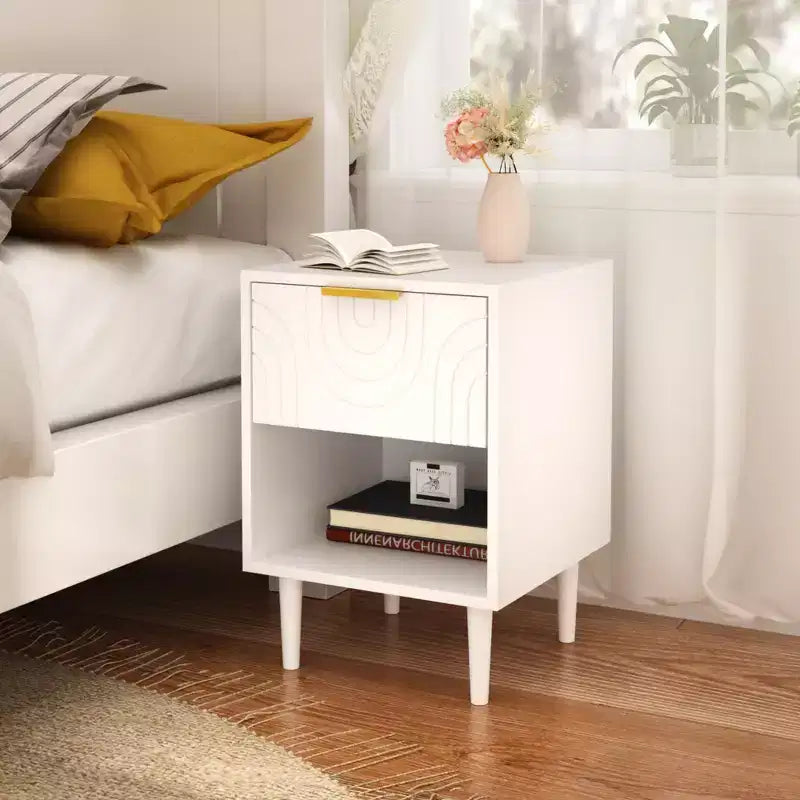 22.83 H Modern White Nightstand with One Drawer and Open Shelf, Gold - Accented Handle, Ideal for Bedroom Decor