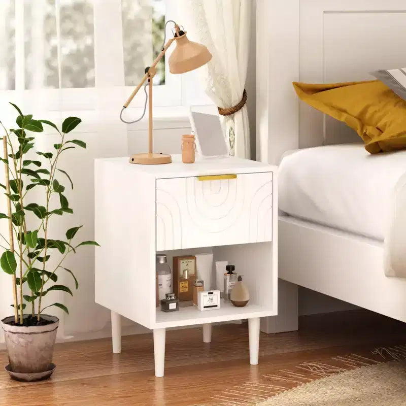 22.83 H Chevet moderne blanc avec un tiroir et une étagère ouverte, Poignée dorée - Accent, Idéal pour la décoration de la chambre