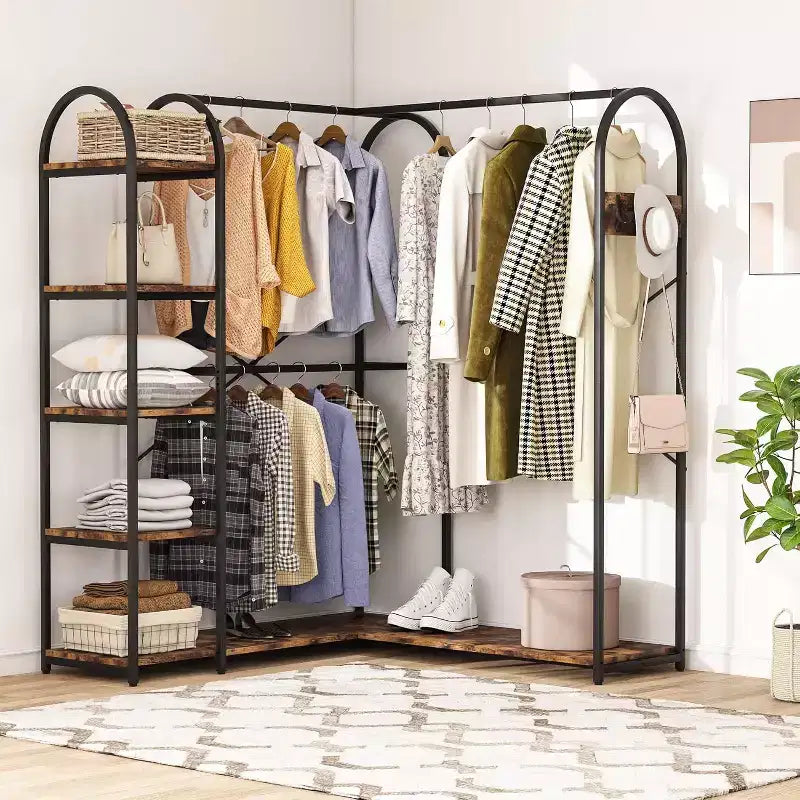 Lantine L-Shaped Garment Rack with Shelves, Heavy Duty Corner Clothes Rack with Coat Hooks for Hanging Clothes, Rustic Brown