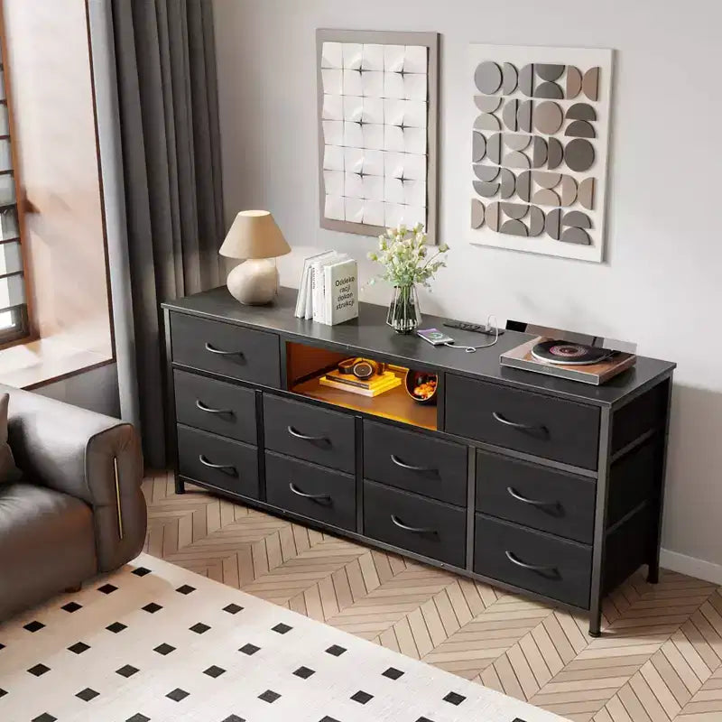 Black 55 inch TV Stand fits 65 inch TV Media Console 10 Fabric Drawer Dresser Bedroom Storage Chest Modern Utility Organization Cabinet Stand New Home