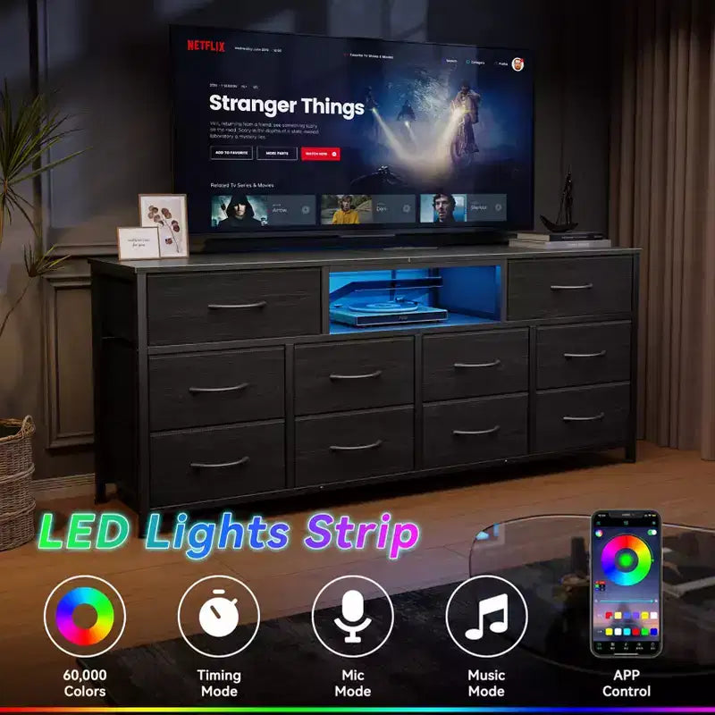 Meuble TV Noir 55 pouces compatible TV 65 pouces Meuble TV multimédia 10 tiroirs en tissu Commode Chambre Rangement Poitrine Meuble de rangement utilitaire moderne Meuble Neuf pour la Maison