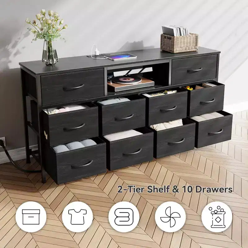 Meuble TV Noir 55 pouces compatible TV 65 pouces Meuble TV multimédia 10 tiroirs en tissu Commode Chambre Rangement Poitrine Meuble de rangement utilitaire moderne Meuble Neuf pour la Maison