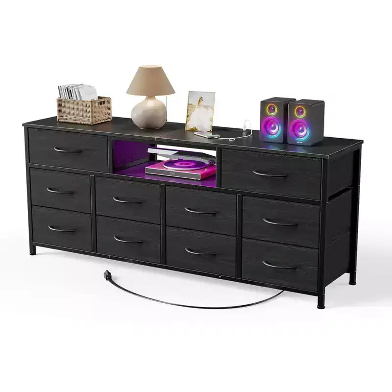Meuble TV Noir 55 pouces compatible TV 65 pouces Meuble TV multimédia 10 tiroirs en tissu Commode Chambre Rangement Poitrine Meuble de rangement utilitaire moderne Meuble Neuf pour la Maison