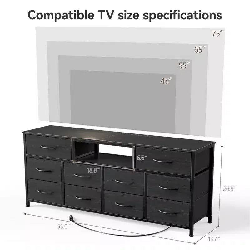 Meuble TV Noir 55 pouces compatible TV 65 pouces Meuble TV multimédia 10 tiroirs en tissu Commode Chambre Rangement Poitrine Meuble de rangement utilitaire moderne Meuble Neuf pour la Maison