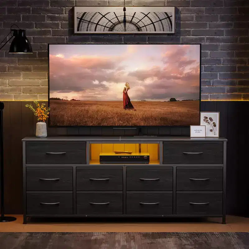 Meuble TV Noir 55 pouces compatible TV 65 pouces Meuble TV multimédia 10 tiroirs en tissu Commode Chambre Rangement Poitrine Meuble de rangement utilitaire moderne Meuble Neuf pour la Maison