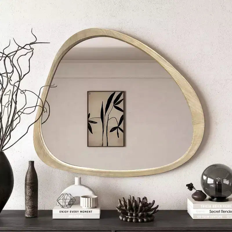 45 Asymmetrical Solid Pine Wood Wall Mirror, Large Modern Organic Pond Shape Decorative Mirror for Living Room - Panipeachy