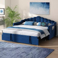 Twin Size Upholstered Daybed with Adjustable Height Pop Up Trundle, Extendable Sofa Bed with Charging Port and Side Pockets for Bedroom, Blue