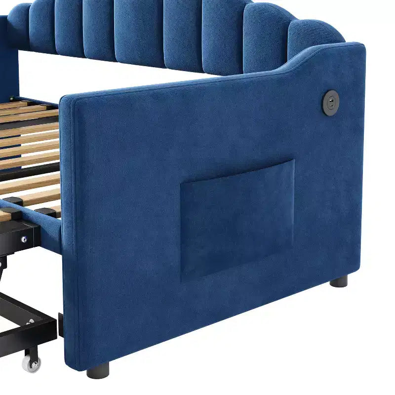Lit de repos capitonné pour lit jumeau avec lit gigogne escamotable à hauteur réglable, canapé-lit extensible avec port de charge et poches latérales pour chambre à coucher, bleu