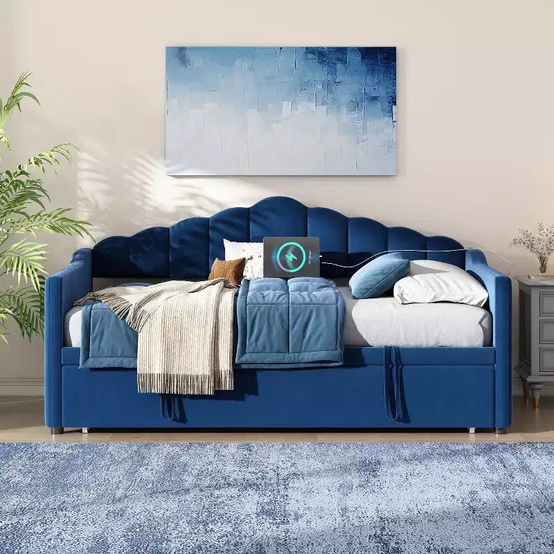 Lit de repos capitonné pour lit jumeau avec lit gigogne escamotable à hauteur réglable, canapé-lit extensible avec port de charge et poches latérales pour chambre à coucher, bleu
