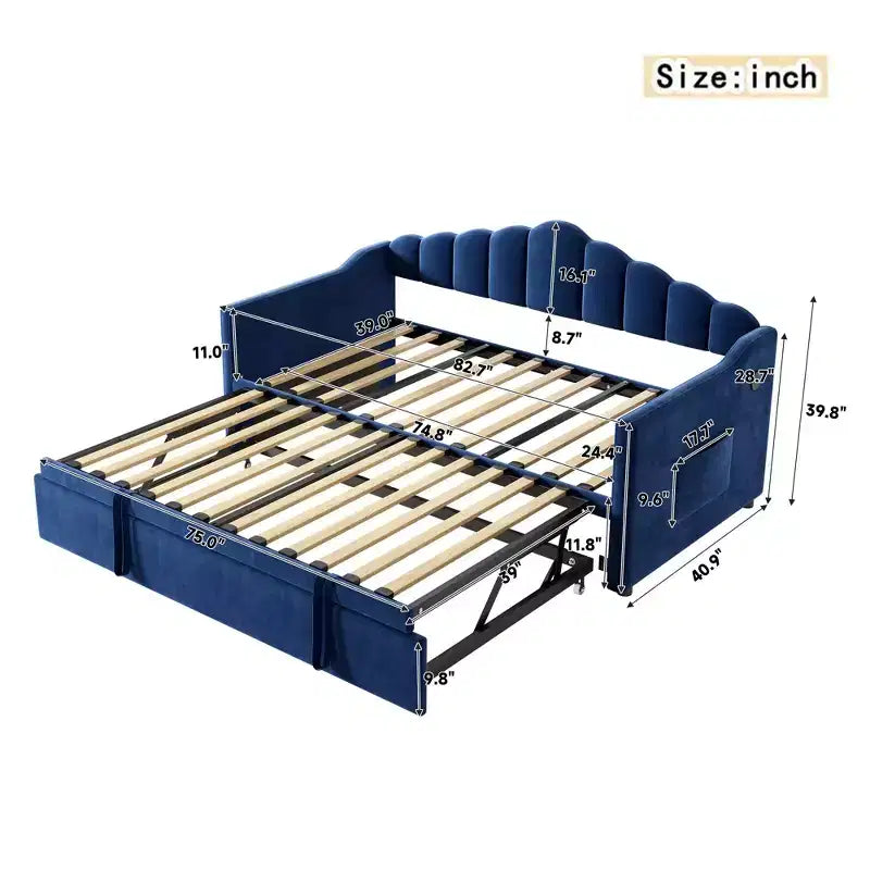 Lit de repos capitonné pour lit jumeau avec lit gigogne escamotable à hauteur réglable, canapé-lit extensible avec port de charge et poches latérales pour chambre à coucher, bleu