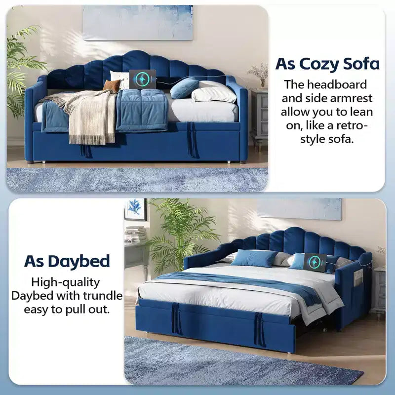 Lit de repos capitonné pour lit jumeau avec lit gigogne escamotable à hauteur réglable, canapé-lit extensible avec port de charge et poches latérales pour chambre à coucher, bleu