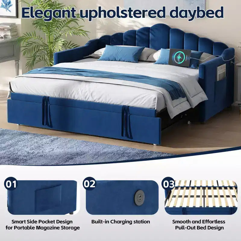 Lit de repos capitonné pour lit jumeau avec lit gigogne escamotable à hauteur réglable, canapé-lit extensible avec port de charge et poches latérales pour chambre à coucher, bleu