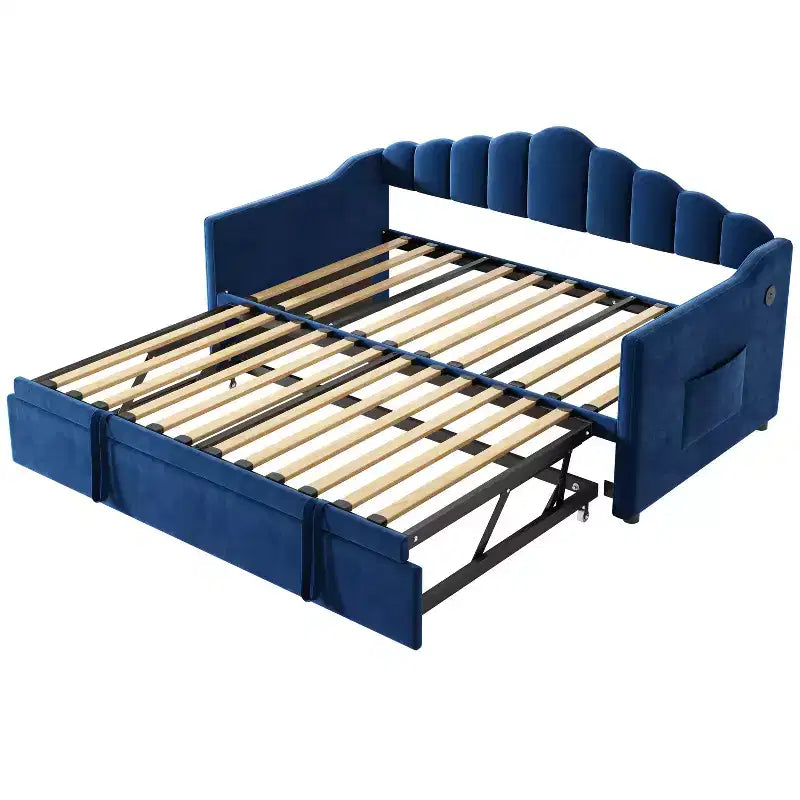 Lit de repos capitonné pour lit jumeau avec lit gigogne escamotable à hauteur réglable, canapé-lit extensible avec port de charge et poches latérales pour chambre à coucher, bleu