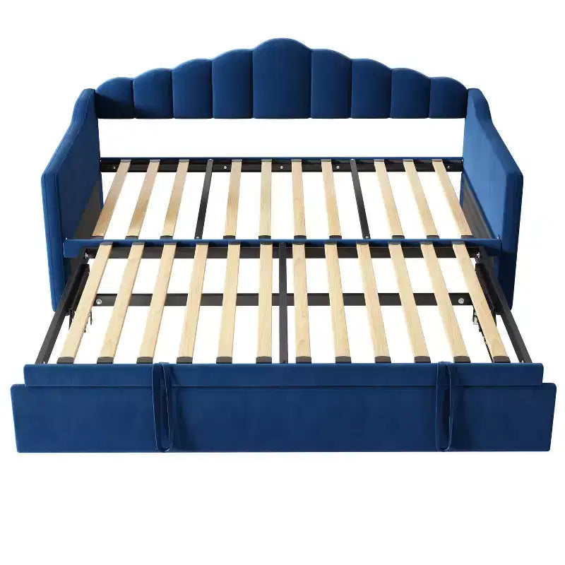 Lit de repos capitonné pour lit jumeau avec lit gigogne escamotable à hauteur réglable, canapé-lit extensible avec port de charge et poches latérales pour chambre à coucher, bleu