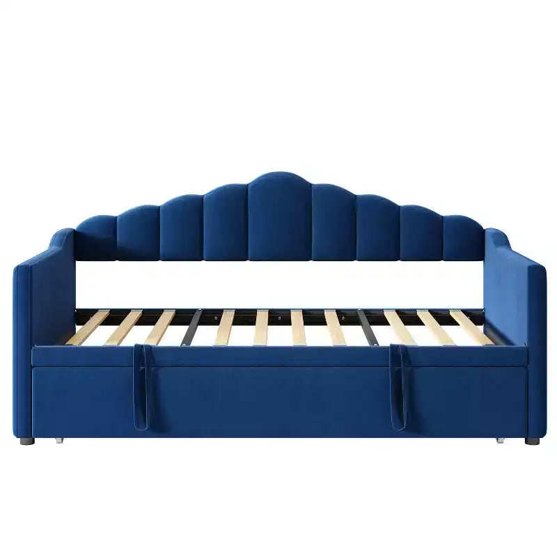 Lit de repos capitonné pour lit jumeau avec lit gigogne escamotable à hauteur réglable, canapé-lit extensible avec port de charge et poches latérales pour chambre à coucher, bleu