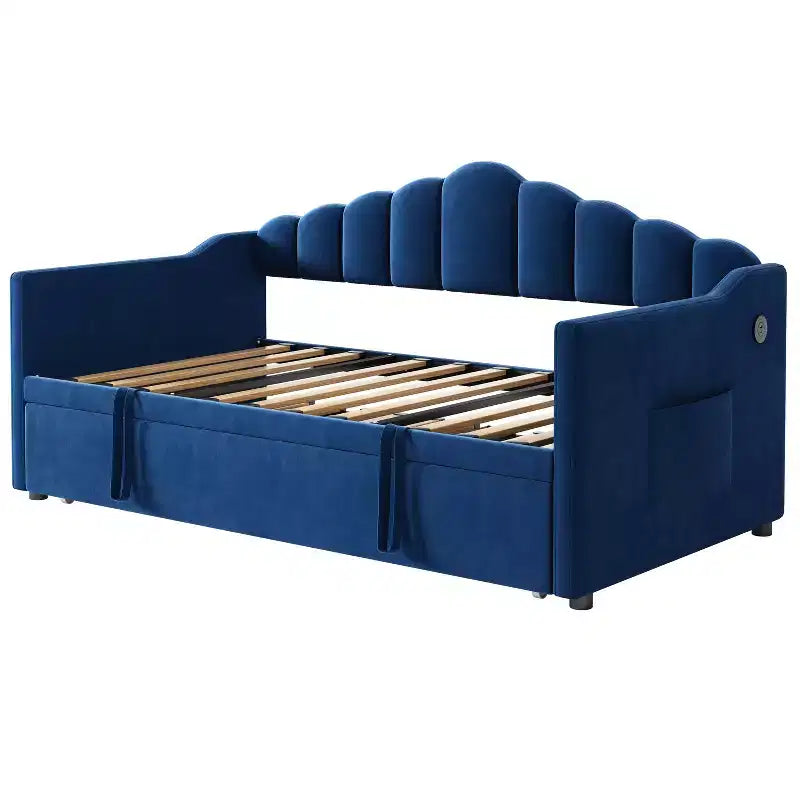 Lit de repos capitonné pour lit jumeau avec lit gigogne escamotable à hauteur réglable, canapé-lit extensible avec port de charge et poches latérales pour chambre à coucher, bleu