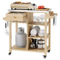COZONY Multifunction BBQ Grill Cart for Patio w/ Stainless Steel Top - Hardwood Rolling Prep Table, Storage Cabinet & Shelves, Portable Kitchen Cart