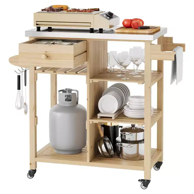 COZONY Multifunction BBQ Grill Cart for Patio w/ Stainless Steel Top - Hardwood Rolling Prep Table, Storage Cabinet & Shelves, Portable Kitchen Cart