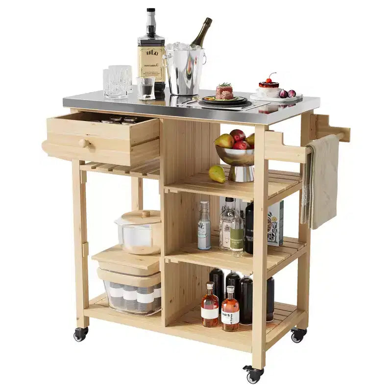 Chariot de barbecue multifonction COZONY pour terrasse avec dessus en acier inoxydable - Table de préparation roulante en bois dur, armoire de rangement et étagères, chariot de cuisine portable