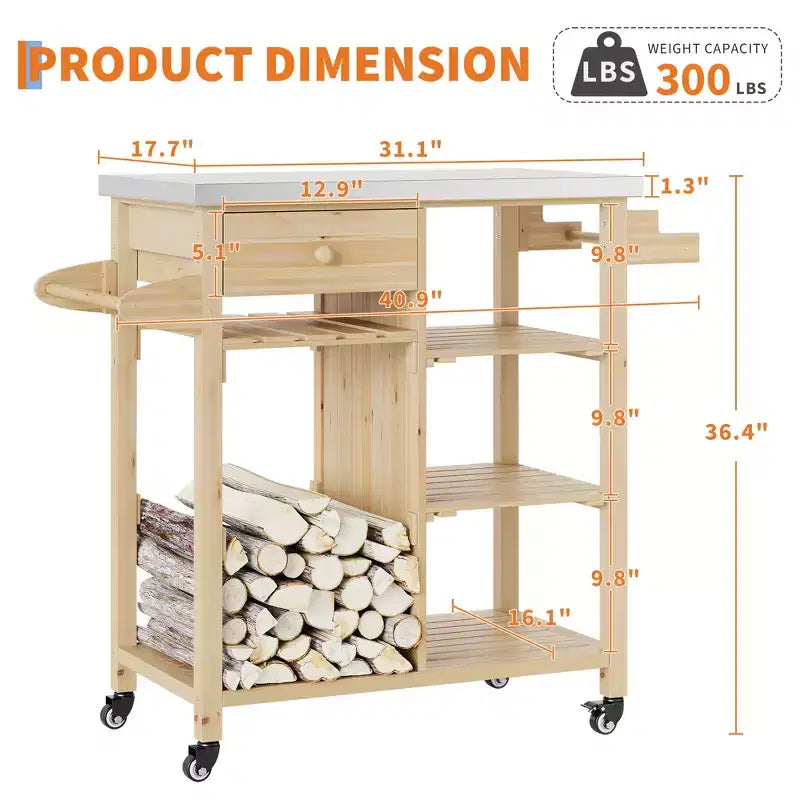 Chariot de barbecue multifonction COZONY pour terrasse avec dessus en acier inoxydable - Table de préparation roulante en bois dur, armoire de rangement et étagères, chariot de cuisine portable