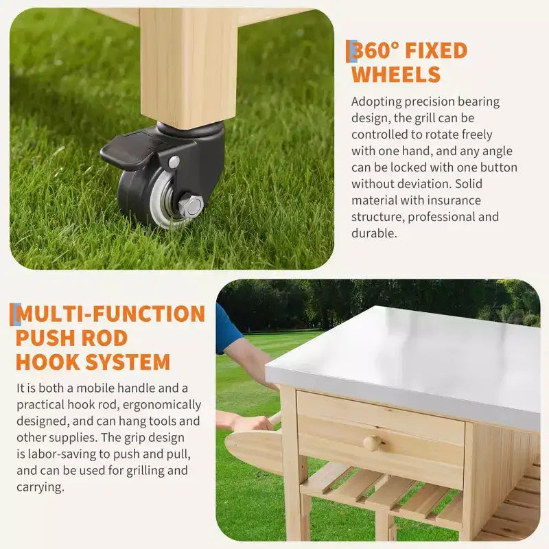 Chariot de barbecue multifonction COZONY pour terrasse avec dessus en acier inoxydable - Table de préparation roulante en bois dur, armoire de rangement et étagères, chariot de cuisine portable
