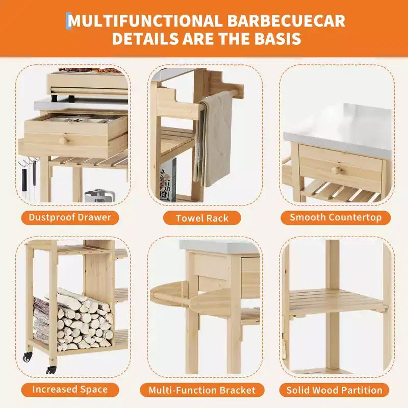 Chariot de barbecue multifonction COZONY pour terrasse avec dessus en acier inoxydable - Table de préparation roulante en bois dur, armoire de rangement et étagères, chariot de cuisine portable