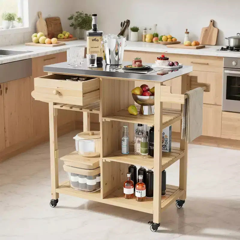 Chariot de barbecue multifonction COZONY pour terrasse avec dessus en acier inoxydable - Table de préparation roulante en bois dur, armoire de rangement et étagères, chariot de cuisine portable