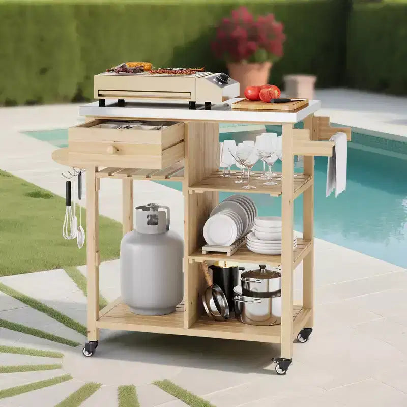 Chariot de barbecue multifonction COZONY pour terrasse avec dessus en acier inoxydable - Table de préparation roulante en bois dur, armoire de rangement et étagères, chariot de cuisine portable