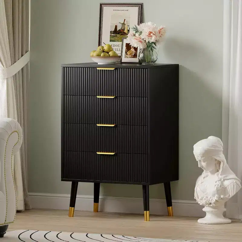 Commode haute à 4 tiroirs, commode en bois cannelé avec poignées dorées, armoire de rangement verticale pour chambre à coucher, salon