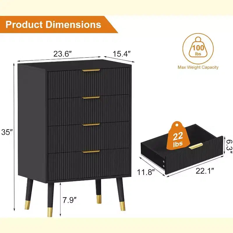 Commode haute à 4 tiroirs, commode en bois cannelé avec poignées dorées, armoire de rangement verticale pour chambre à coucher, salon