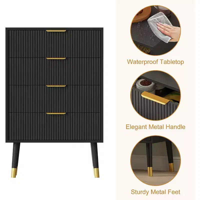 Commode haute à 4 tiroirs, commode en bois cannelé avec poignées dorées, armoire de rangement verticale pour chambre à coucher, salon