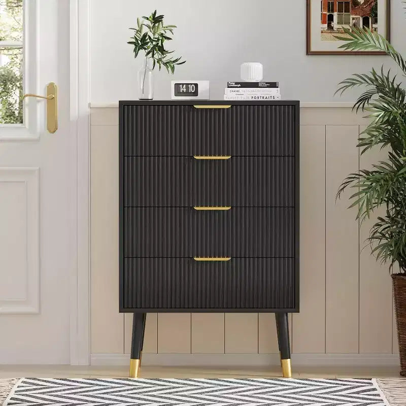 Commode haute à 4 tiroirs, commode en bois cannelé avec poignées dorées, armoire de rangement verticale pour chambre à coucher, salon