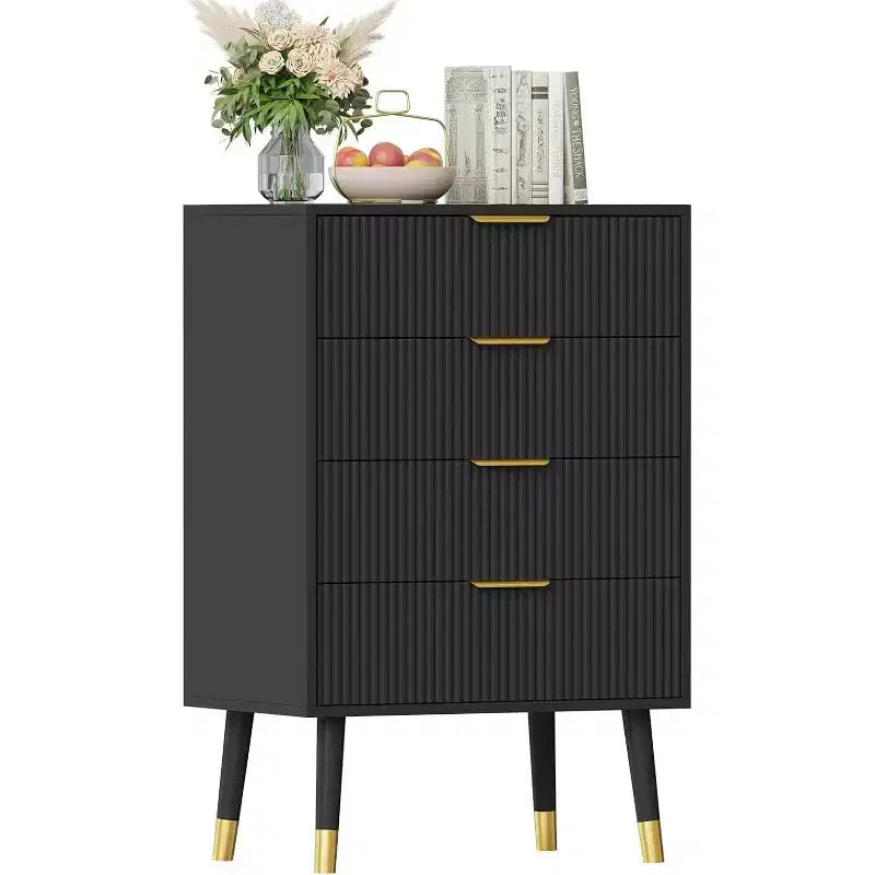 Tall 4 Drawer Dresser, Fluted Wood Chest of Drawers with Gold Handles, Vertical Storage Cabinet for Bedroom, Living Room